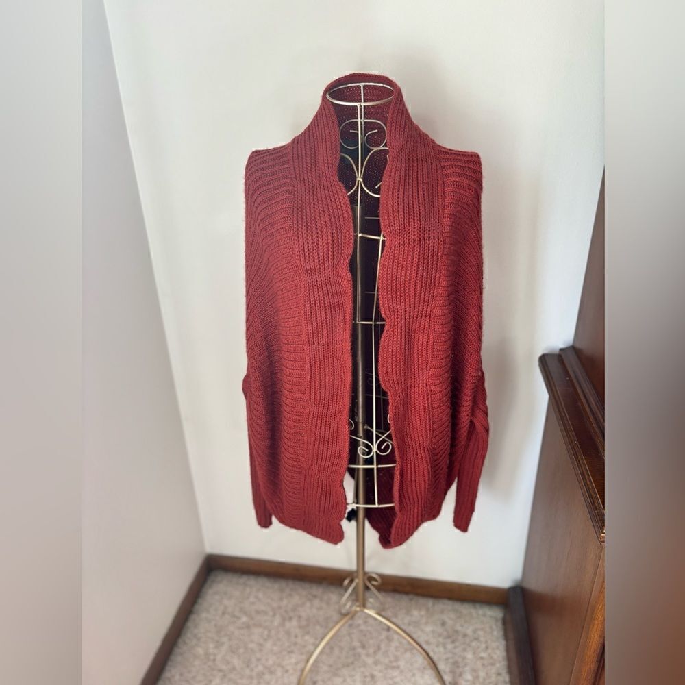 Sunday in Brooklyn Open Front Cardigan Ribbed Knit Small Rust Orange